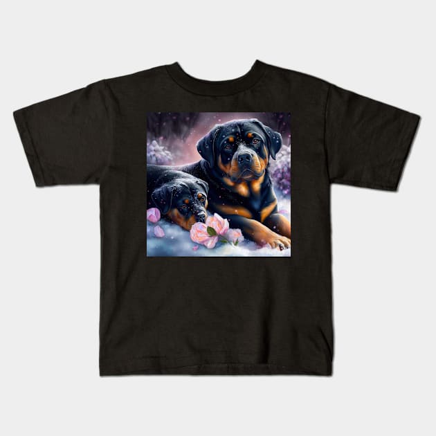 Rottweilers Loves Snow Kids T-Shirt by Enchanted Reverie